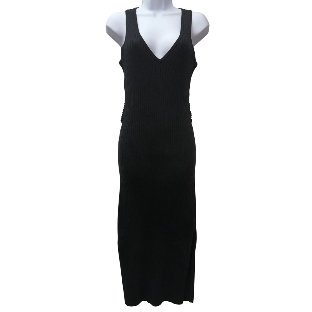 GOOD AMERICAN Black Ribbed Knit Bodycon Dress V Neck Sleeveless Tie Waist Medium